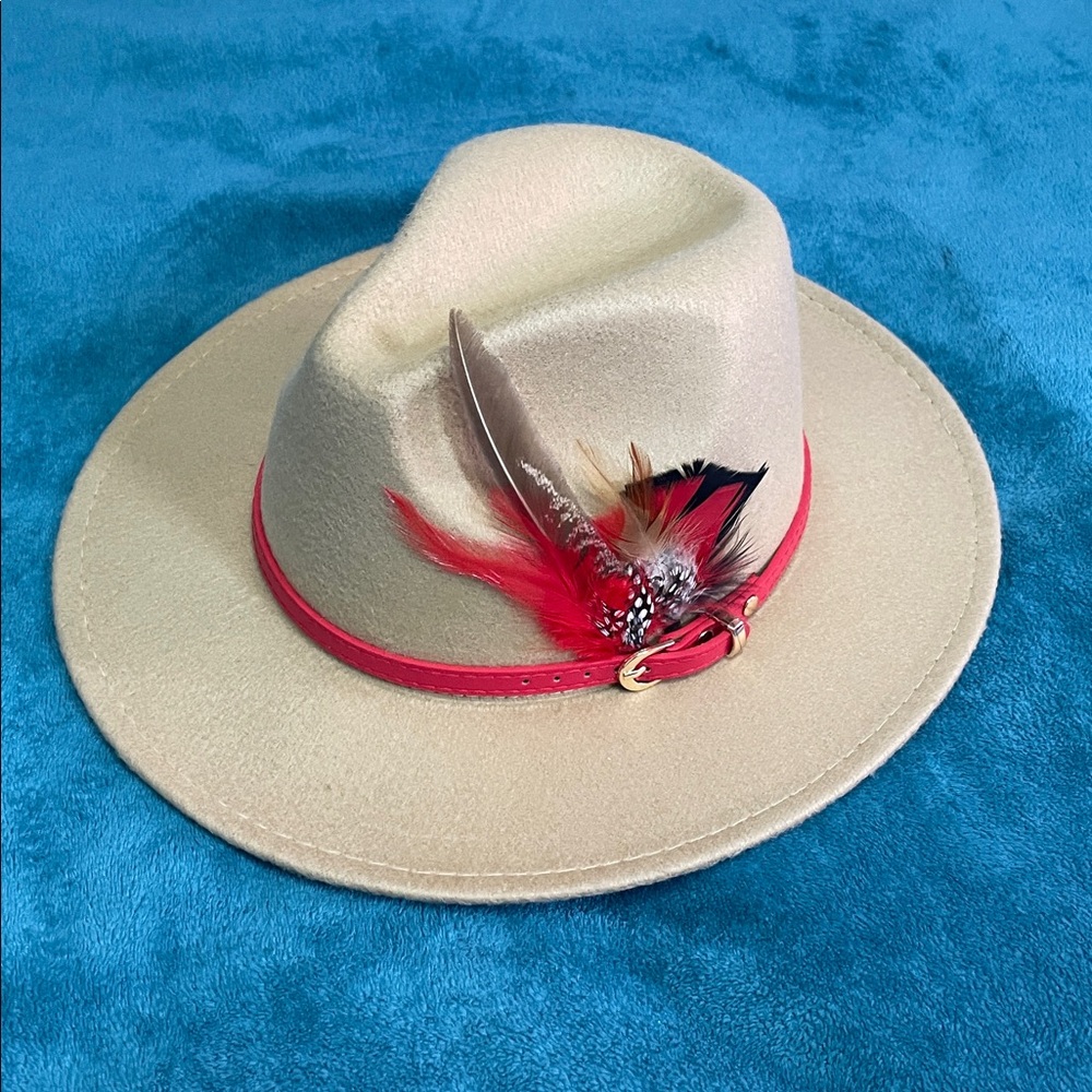 Tan Women's Felt Fedora Western Cowboy Hat Red Belt  and Black Feather Accent - Picture 2 of 6